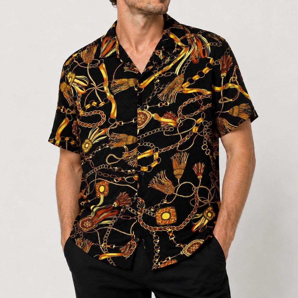 ZIPCODE Mens Black Baroque Chain Print Short Sleeve Shirt Button Down Medium M
